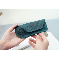 Dark-teal real Leather sunglasses case for women with flower | turquoise leather glasses case Boho, leather case for glasses with print