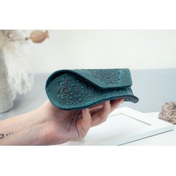 Dark-teal real Leather sunglasses case for women with flower | turquoise leather glasses case Boho, leather case for glasses with print