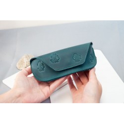 Dark-teal real Leather sunglasses case for women with fish | turquoise leather glasses case Boho, leather case for glasses with print