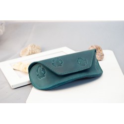 Dark-teal real Leather sunglasses case for women with fish | turquoise leather glasses case Boho, leather case for glasses with print