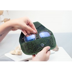 Green real Leather sunglasses case for women with embossed rustic mountain | leather glasses case Boho, cute glasses case