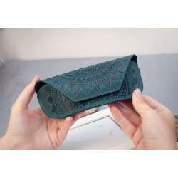 Dark-teal real Leather sunglasses case for women with embossed rustic Sun | turquoise leather glasses case Boho, cute glasses case Mandala