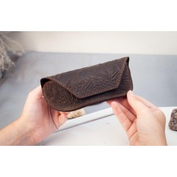 Real Leather sunglasses case with embossed rustic mountain in dark-brown | leather glasses case Boho, cute glasses case