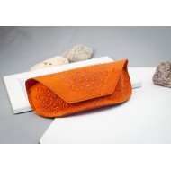 Real Leather sunglasses case for women orange with flower embossed | bright leather glasses case Boho, leather case for glasses with print