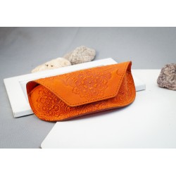 Real Leather sunglasses case for women orange with flower embossed | bright leather glasses case Boho, leather case for glasses with print